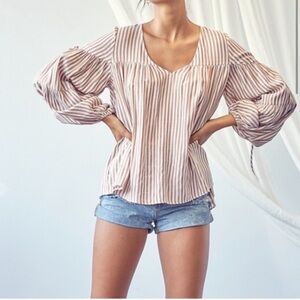 Clair de Lune Paris Women’s Striped Rayon V Neck Puff Sleeve Blouse Style S17660